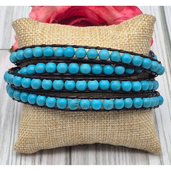 Victoria Emerson Blue Turquoise Stone Beads Brown Leather Cord Wrap Bracelet 36" - Picture 1 of 11